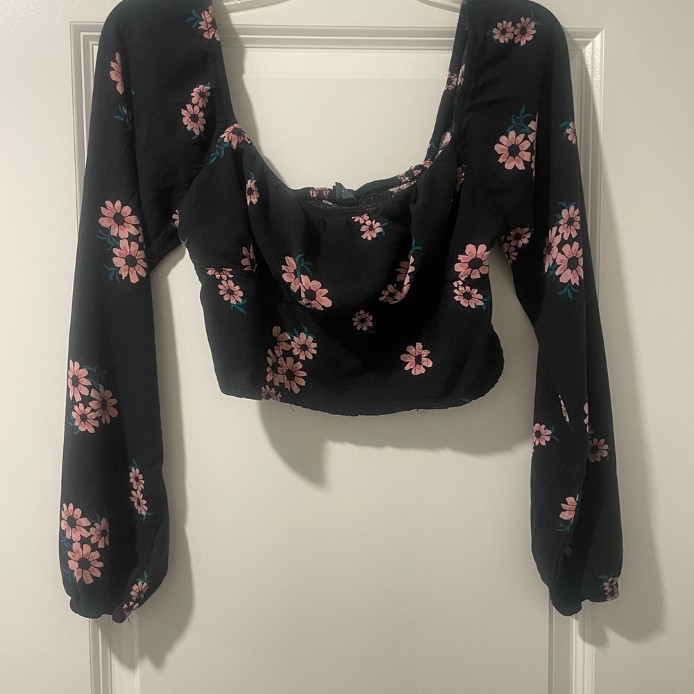 Wild Fable Black Crop Top with Pink Floral Design